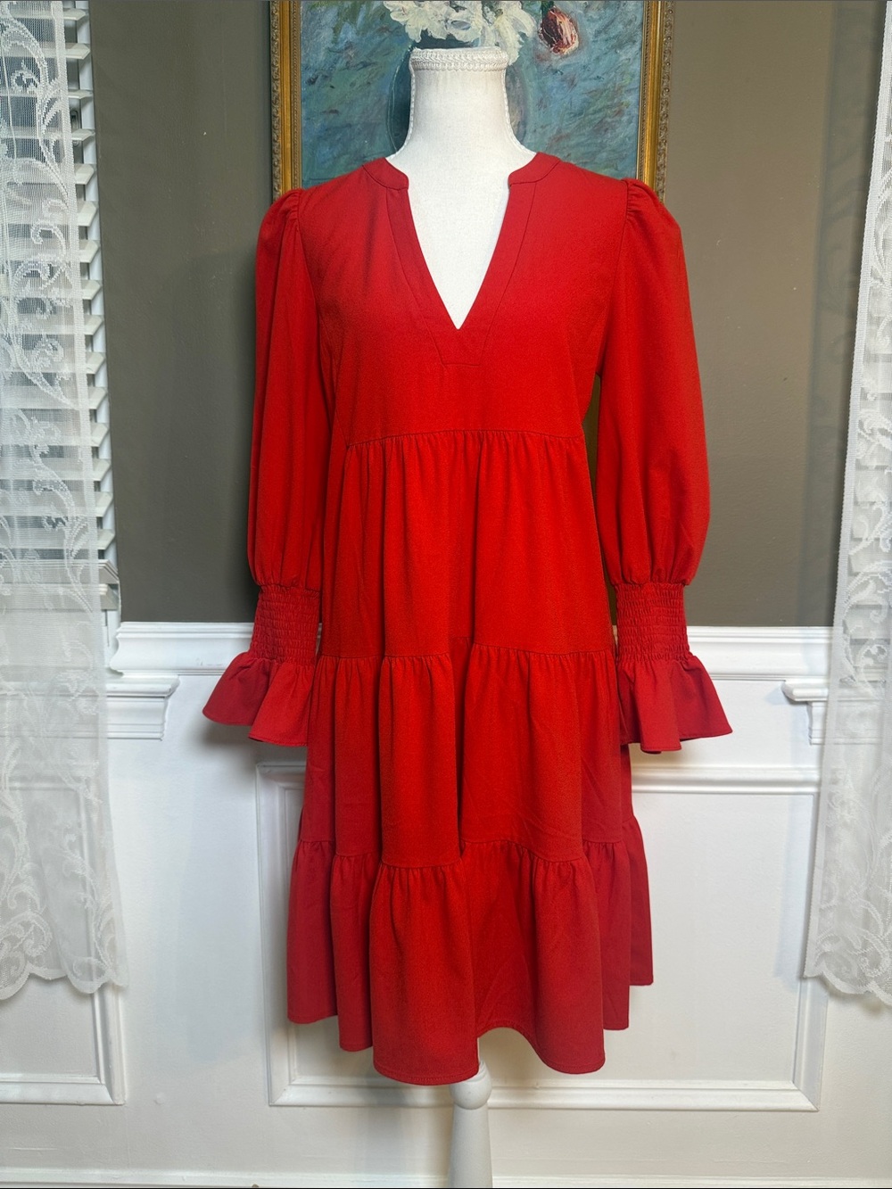 Pomander Place XS Red Tiered Puff Sleeve Mini Dress